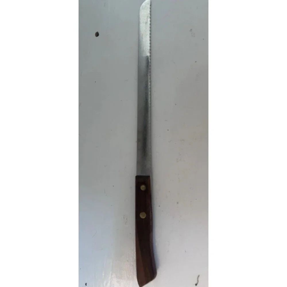 Vtg Set of 3 Long Serrated Knives Stainless Steel Wood Handle Rivets Japan